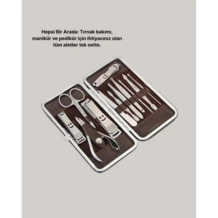 Özel Deri Çantalı 12 Parça Manikür Pedikür Bakım Seti Paslanmaz Çelik
