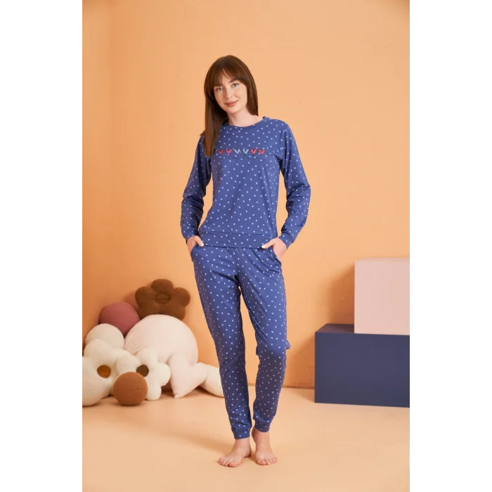 PJS 28081 Kadın Uzun Kol Yuvarlak Yaka Kalpli Pijama Takım