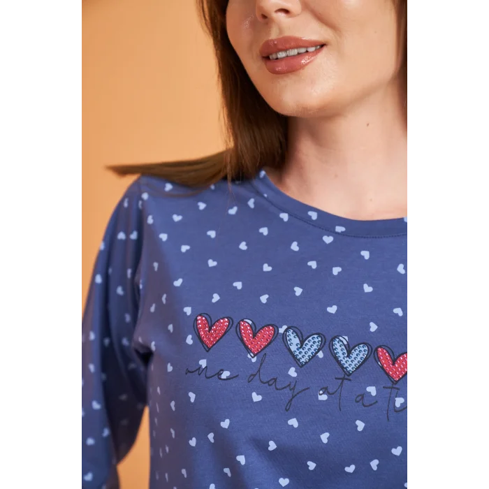 PJS 28081 Kadın Uzun Kol Yuvarlak Yaka Kalpli Pijama Takım