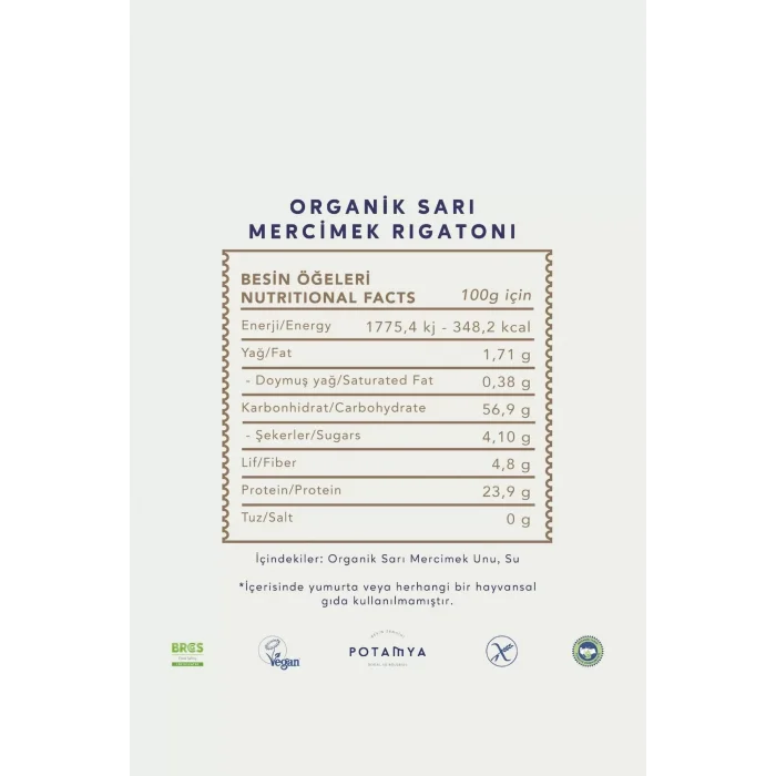 BUĞZ Potamya Organik Sarı Mercimek Rigatoni Makarna (240 gr)