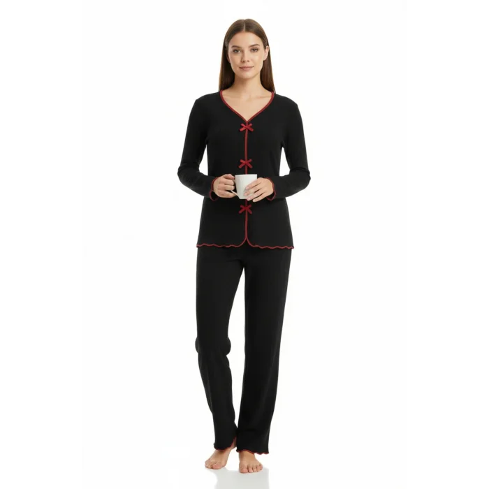 Premium Kadın 4’lü Fitilli Set – Siyah Kırmızı Biyeli (Pijama Üst, Pantolon, Bikini Takımı)