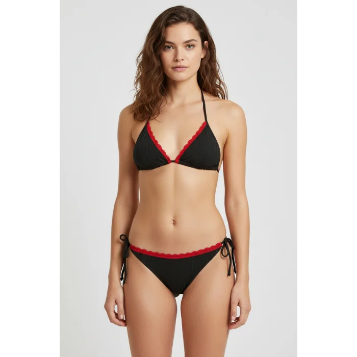 Premium Kadın 4’lü Fitilli Set – Siyah Kırmızı Biyeli (Pijama Üst, Pantolon, Bikini Takımı)