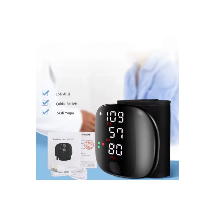 Şarj Edilebilir Dijital Bilek Tansiyon Aleti – Akıllı LCD Ekran, Sesli Uyarı, Ev Kullanımı