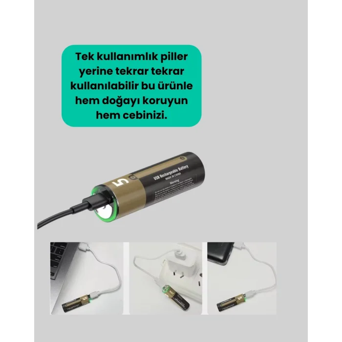 Tekrar Şarj Edilebilir AA USB Type-C Pil | 1000+ Döngü | 1.5V Sabit Voltaj