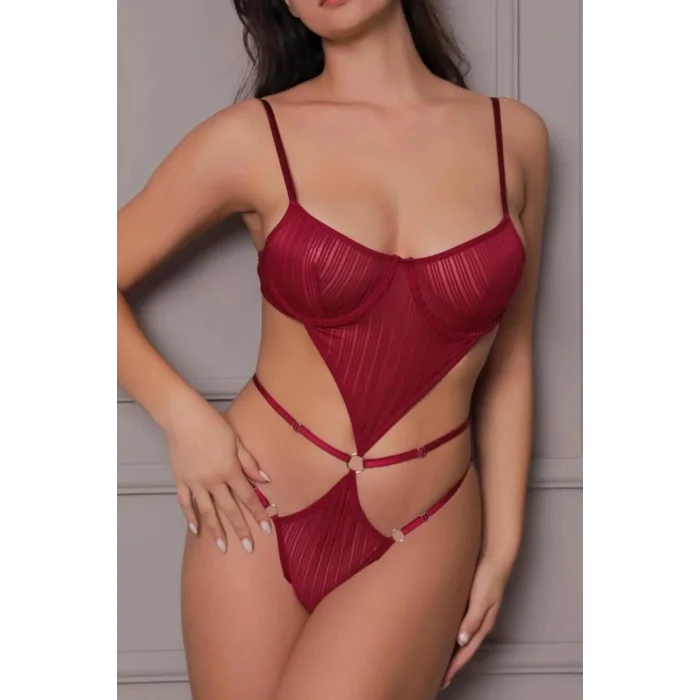 Transparan Bordo Dekolteli Balenli Fantazi İç Giyim Body TM1410