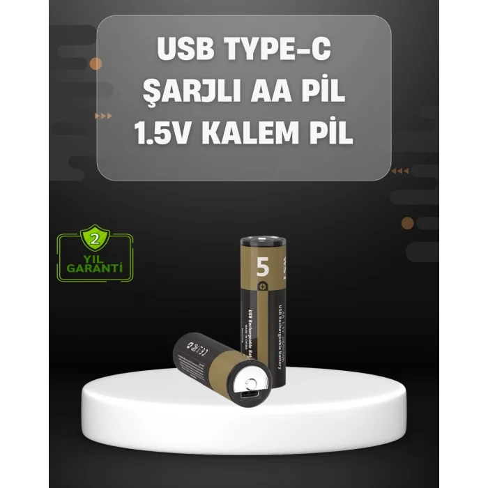 USB Type-C Girişli Şarjlı AA Lityum Pil | 1.5V Sabit Çıkış | 3200mWh (2li Paket)