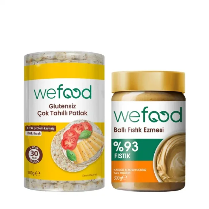 BUĞZ Wefood Ballı Fıstık Ezmesi Şekersiz (300 gr) ve Çok Tahıllı Patlak Glutensiz (100 gr) 2li Set