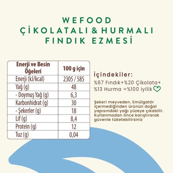 BUĞZ Wefood Çikolatalı Hurmalı Fındık Ezmesi (Şekersiz, Katkısız)