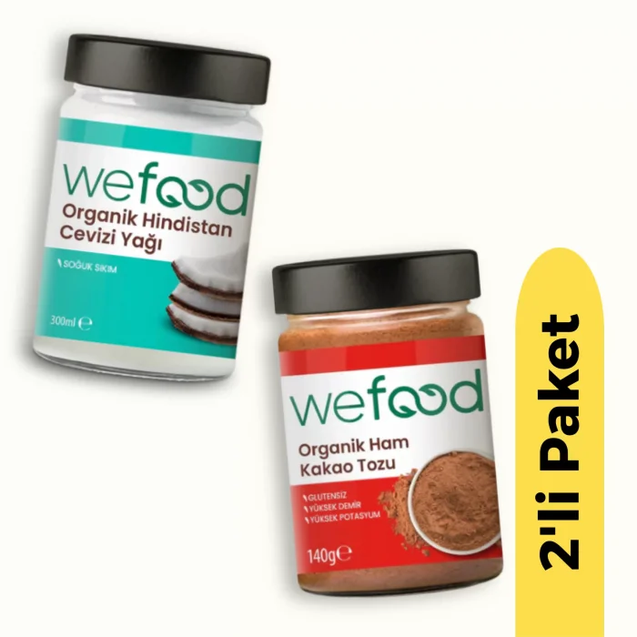 BUĞZ Wefood Organik Hindistan Cevizi Yağı (300 ml) ve Organik Ham Kakao Tozu (140 gr) 2li Set