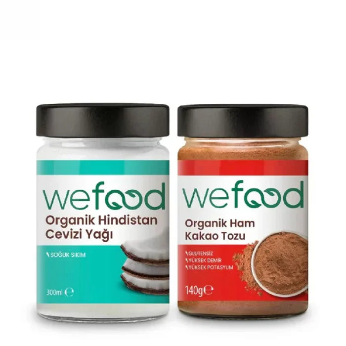 BUĞZ Wefood Organik Hindistan Cevizi Yağı (300 ml) ve Organik Ham Kakao Tozu (140 gr) 2li Set