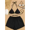 Kadın 3lü Set Siyah Şortlu ve Yandan Bağlamalı Bikini Mayo Takımı
