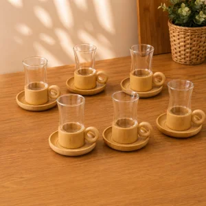 BUĞZ 12 Parça Çay Seti - Bambu Bardak Altığı - Çift Cidarlı Cam - 150 ml