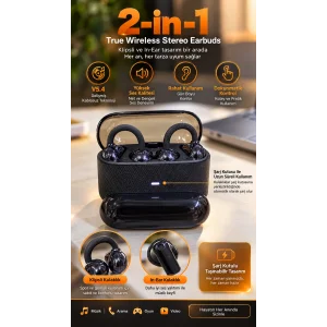 BUĞZ 4’lü Kablosuz Bluetooth Kulaklık Klipsli ve Kulak İçi Tasarım Siyah - BUĞZ