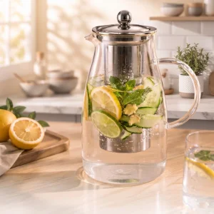 BUĞZ Detoks Sürahisi - 1500 ml - Paslanmaz Çelik Filtre - Cam
