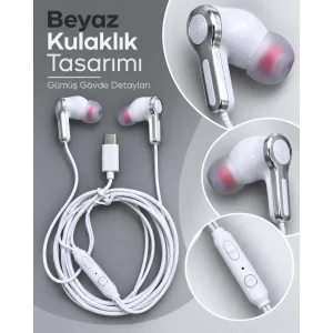 BUĞZ Gümüş Detaylı Silikon Başlıklı Type C Kablolu Kulaklık - BUĞZ
