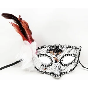BUĞZ Gümüş Renk Yandan Tüylü Güllü Gümüş Taşlı Pullu Maske 20x22 Cm