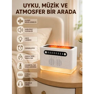 BUĞZ Hoparlörlü Simüle Alev Işıklı Çok Fonksiyonlu Gece Lambası - BUĞZ