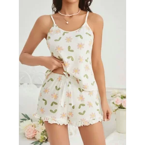 BUĞZ Kadın Ekru Çiçek Baskılı Şortlu Gecelik Pijama Takımı 5047