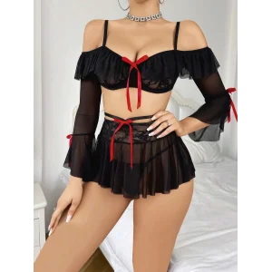 BUĞZ Kadın Siyah Etek Bustiyer Sexy Gecelik Takım 2157