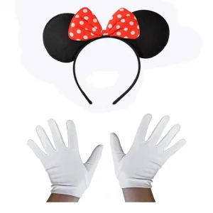 BUĞZ Kırmızı Fiyonklu Minnie Mouse Tacı Ve Beyaz Eldiven Seti