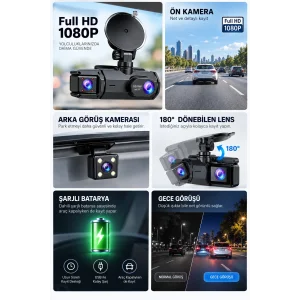 BUĞZ Ön Arka Kayıt 1080P Full HD 180° Geniş Açı Şarjlı Kullanım - BUĞZ