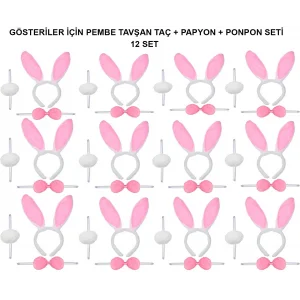 BUĞZ Pembe Tavşan Kostüm Seti – Taç, Papyon, Ponpon (12’li Paket)