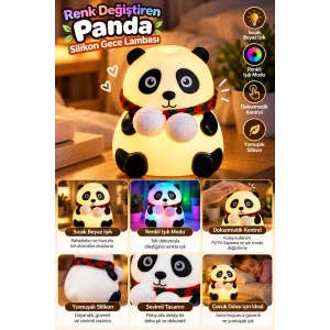 BUĞZ Renkli Işık Modlu Silikon Panda Gece Lambası Dokunmatik Kontrollü Sevimli Dekoratif - BUĞZ