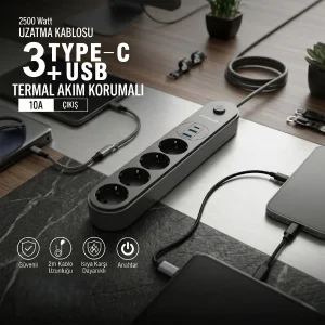 BUĞZ Termal Akım Korumalı 4 Prizli USB Girişli Uzatma Kablosu