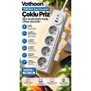 BUĞZ 4’lü Akıllı Priz Tek Dokunuşla Fiş Çıkarma 2 Metre Kablo 2 Type-c + Usb 15w Hızlı Şarj 3680w Krem