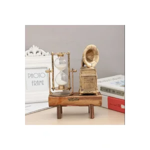 Kol Saati Ahşap Antika Tasarımlı Dekoratif  Gold Renk Gramofon Ve Kum Saati Dekorasyon Ev Ofis Hediyelik Eşya