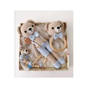 Oyuncak 1 - 2 Yaş Amigurumi Organik Örgü Oyuncak Papyonlu Ayıcık Set Tekstil Jel Dobby Mavi