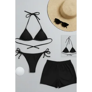 Kadın 3lü Set Siyah Şortlu ve Yandan Bağlamalı Bikini Mayo Takımı