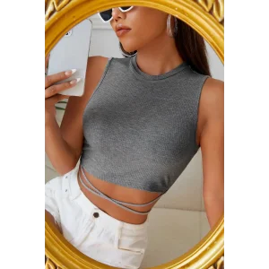 Kadın Gri Çapraz Bağlamalı Crop Top Büstiyer