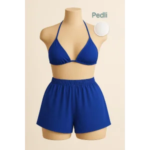 Kadın Mavi Şortlu Belden ve Boyundan Bağlamalı Bikini Takımı