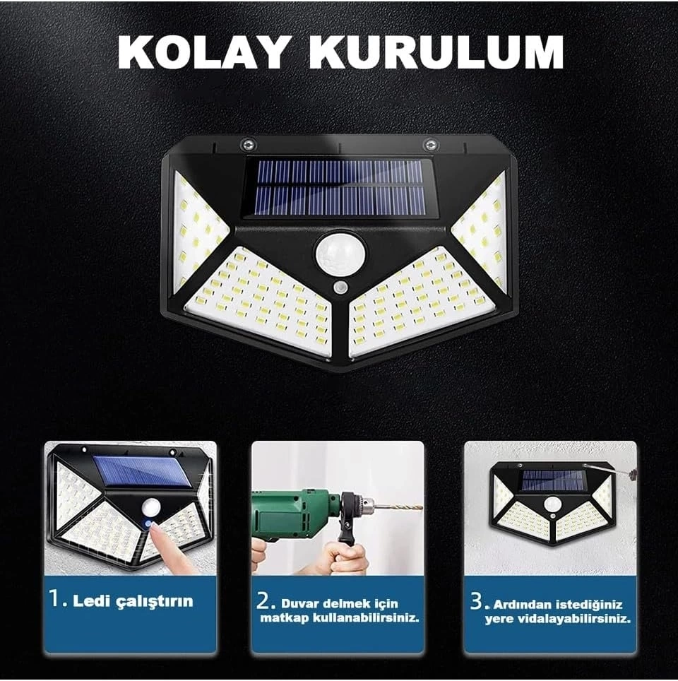 BUĞZ 100 Led Dış Mekan Solar Aydınlatma Fotoselli Solar Lamba Hareket Sensörlü BUĞZ 100 Led Dış Mekan Solar Aydınlatma Fotoselli Solar Lamba Hareket Sensörlü