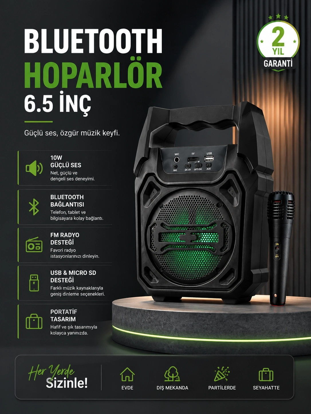 BUĞZ 10W Güçlü Ses Performanslı Bluetooth Karaoke Hoparlörü