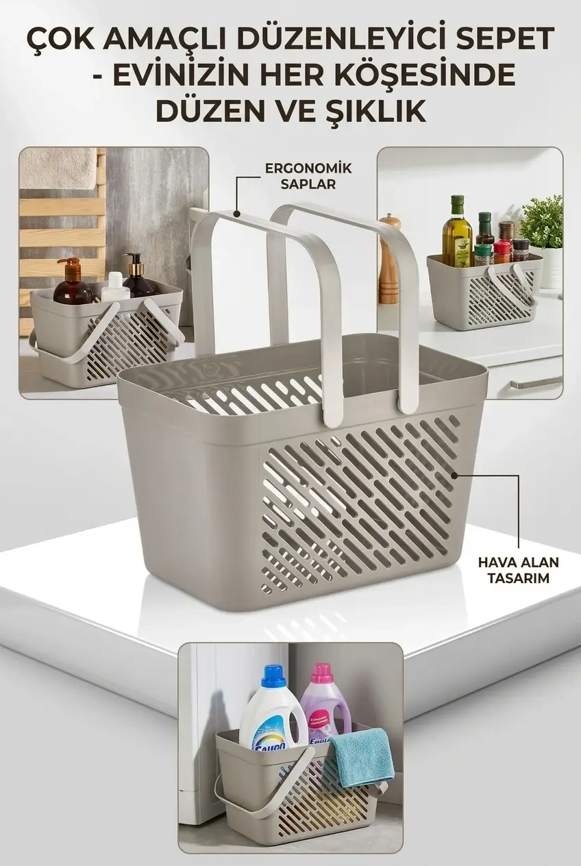 BUĞZ 12'li Gri Çok Amaçlı Kulplu Sepet Mutfak Banyo Organizer Ekonomik Set