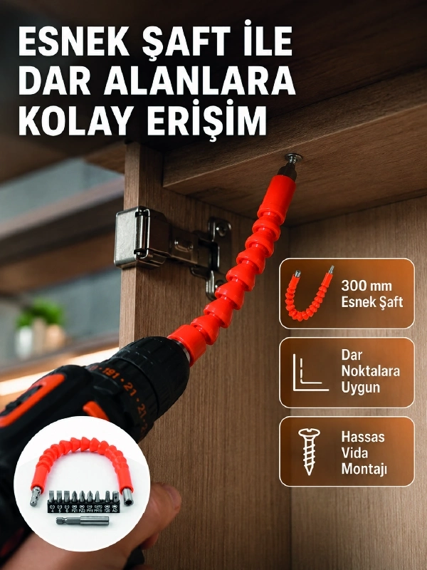 BUĞZ 12 Parça Esnek Bits Uç Seti 300 mm Esnek Şaftlı Tornavida Uç Seti