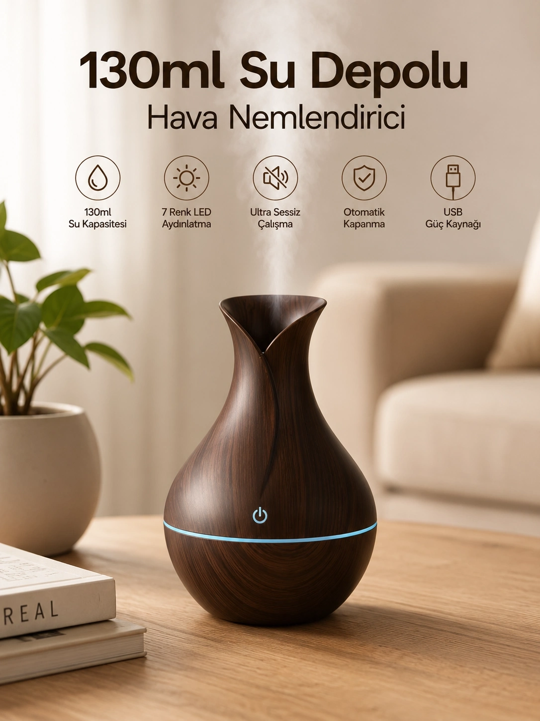BUĞZ 130ml Aromaterapi Difüzörü Hava Nemlendirici 7 Renk LED Işıklı