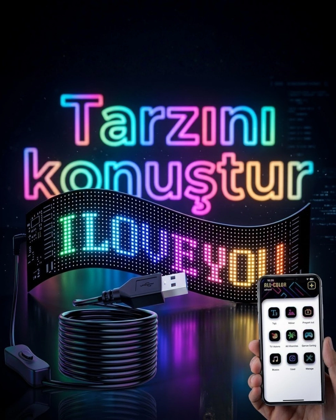 BUĞZ 16x96 LED Yazı Paneli 60 cm Esnek RGB Işıklı Programlanabilir Ekran