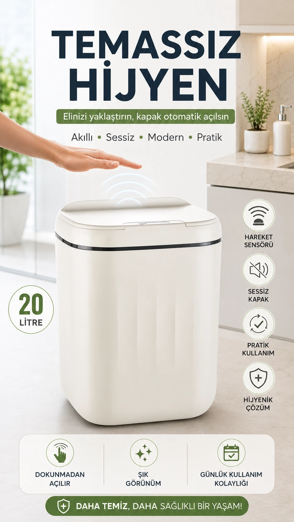 BUĞZ 20 Litre büyük Çöp Kovası Sensörlü Hareket Algılayan