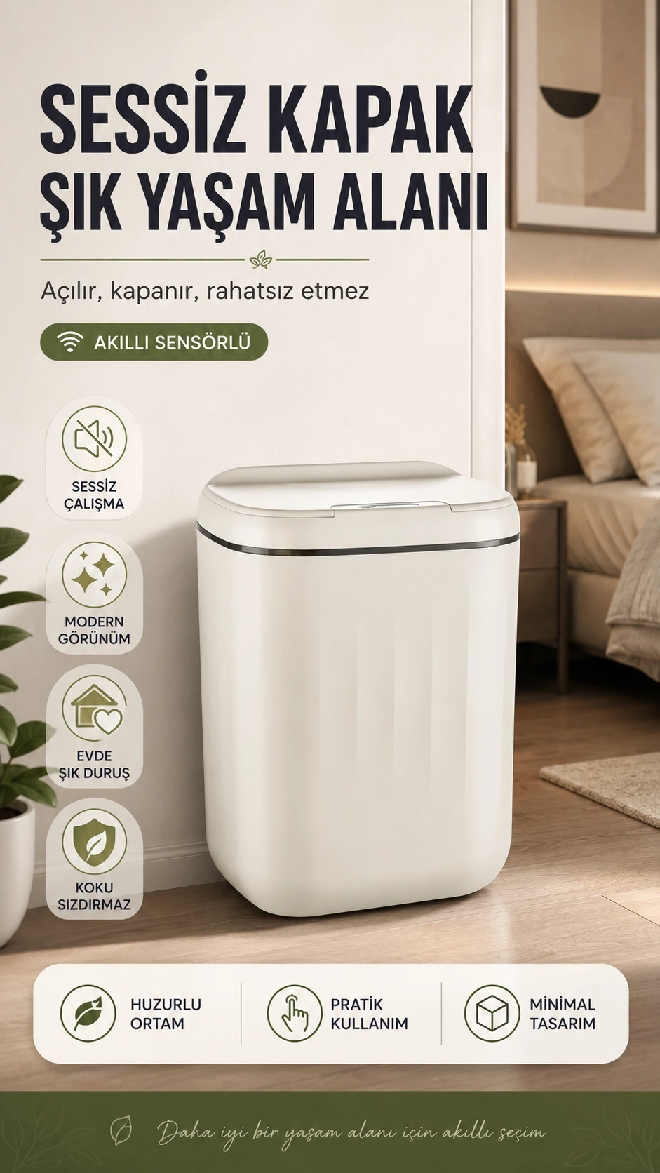 BUĞZ 20 Litre Hacim Sensörlü Çöp Kutusu Hareket Algılayan Antibakteriyel