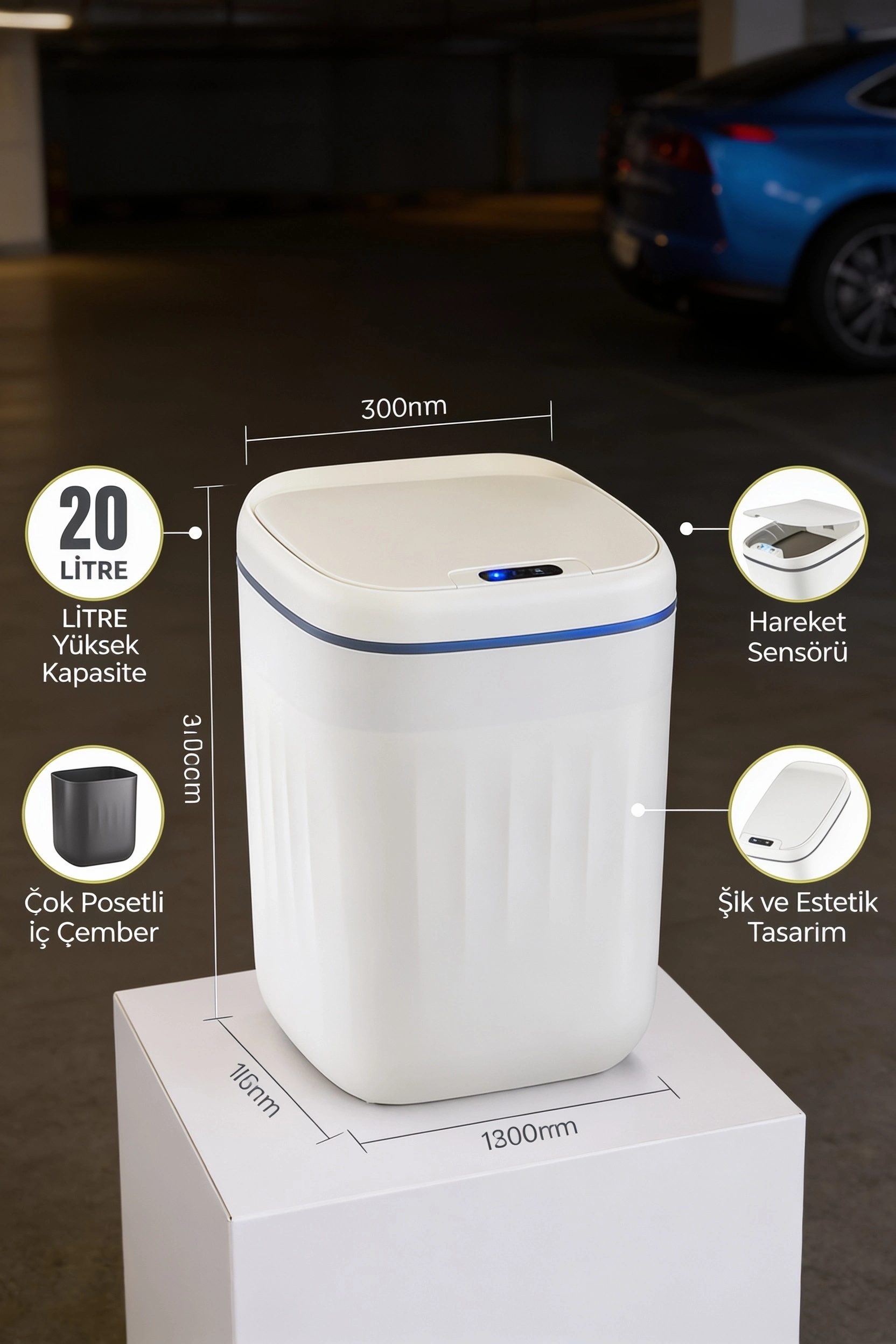 BUĞZ 20 Litre Hareket Sensörlü Akıllı Çöp Kovası Beyaz