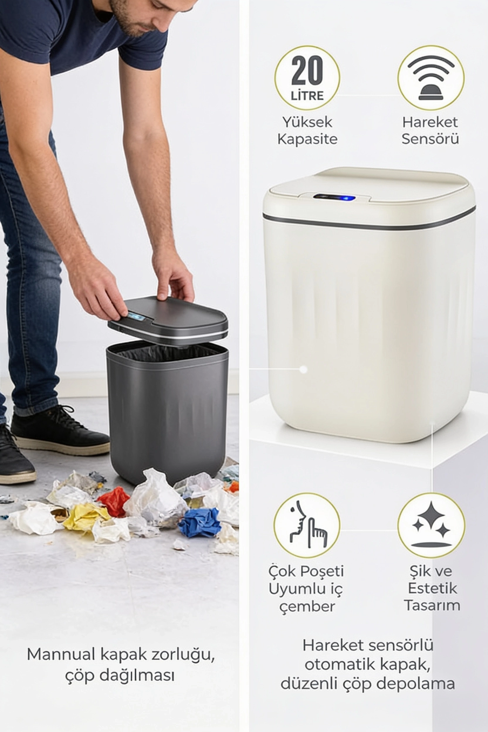 BUĞZ 20 Litre Hareket Sensörlü Akıllı Çöp Kovası Beyaz
