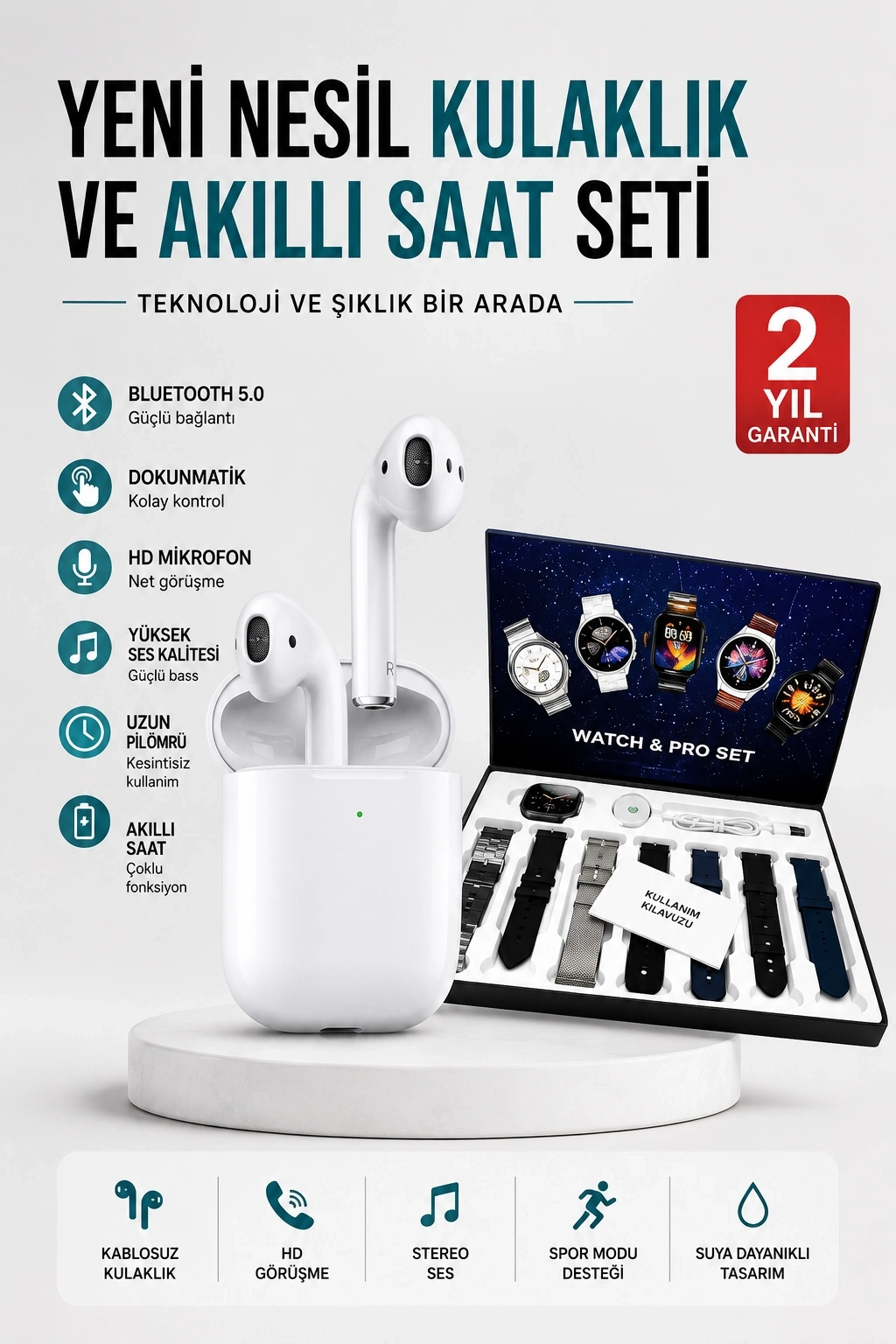 BUĞZ 2025 Model Akıllı Saat ve 2.Nesil TWS Bluetooth Kulaklık Yüksek Ses Kaliteli