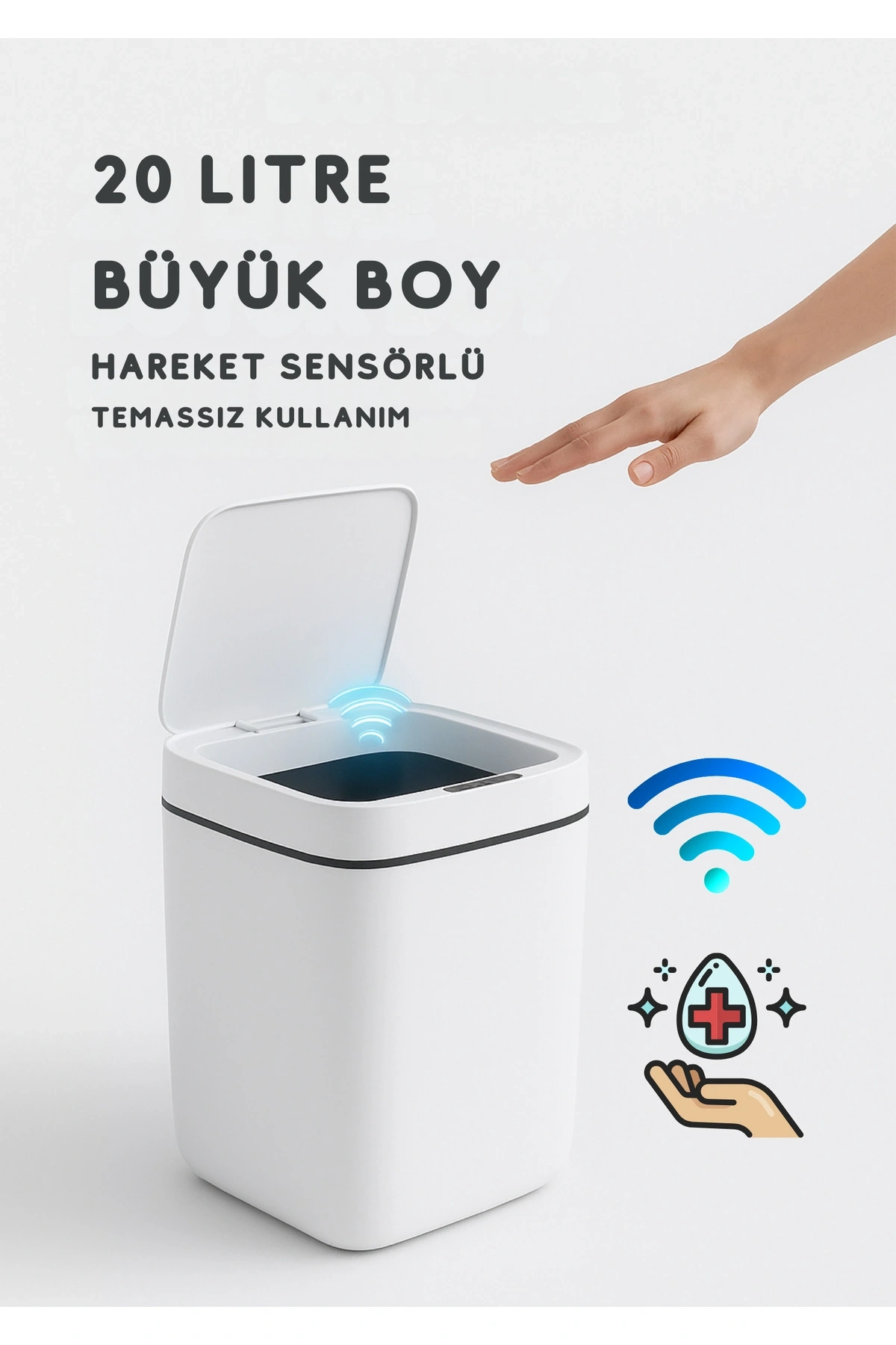 BUĞZ 20L Akıllı Sensörlü Çöp Kovası UV Işık Koku Geçirmez Mutfak Banyo Ofis İçin