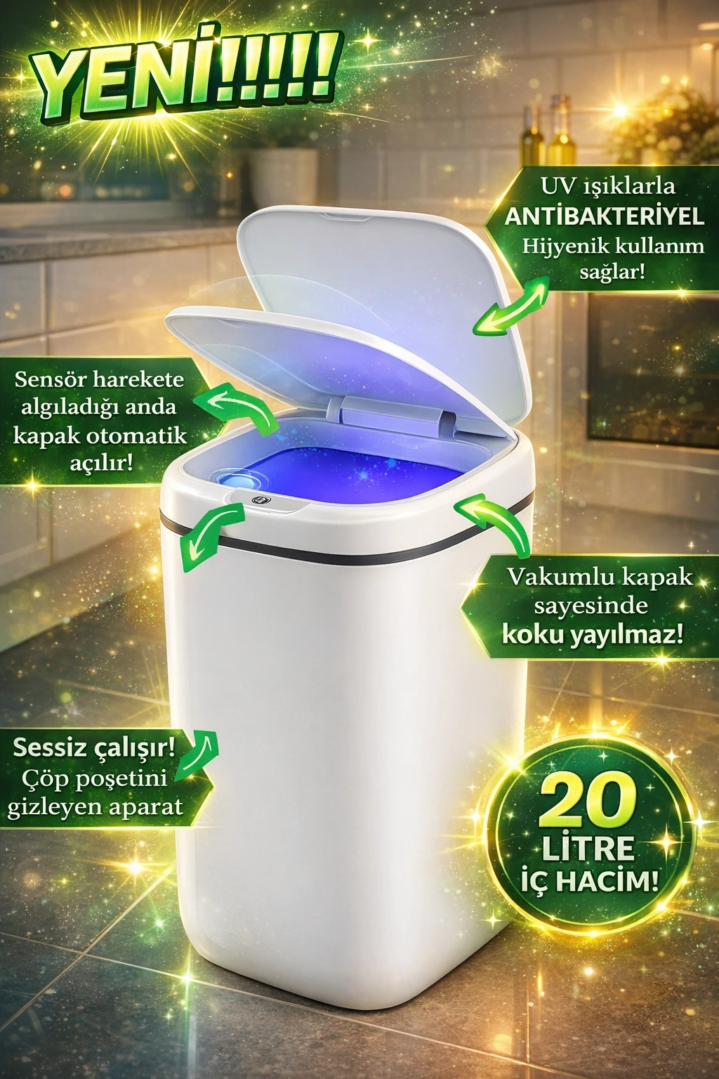 BUĞZ 20L Akıllı Sensörlü Çöp Kovası UV Işık Koku Geçirmez Mutfak Banyo Wc Ofis
