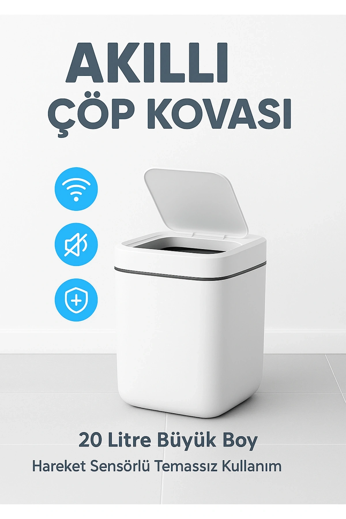BUĞZ 20L Akıllı Sensörlü Çöp Kovası UV Işık Koku Geçirmez Mutfak Banyo Wc Ofis