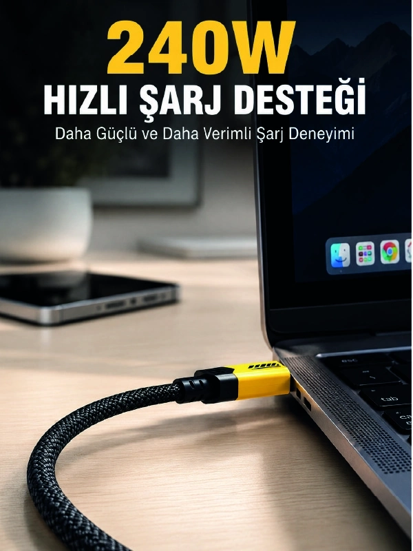 BUĞZ 240W 3'ü 1 Arada Hızlı Şarj Kablosu USB Type-C Lightning Micro USB