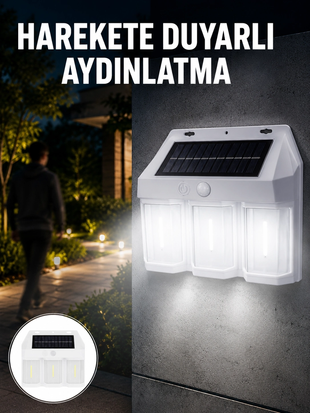 BUĞZ 3 in 1 Solar Duvar Lambası – IP65 Su Geçirmez, Hareket Sensörlü Yeni Nesil